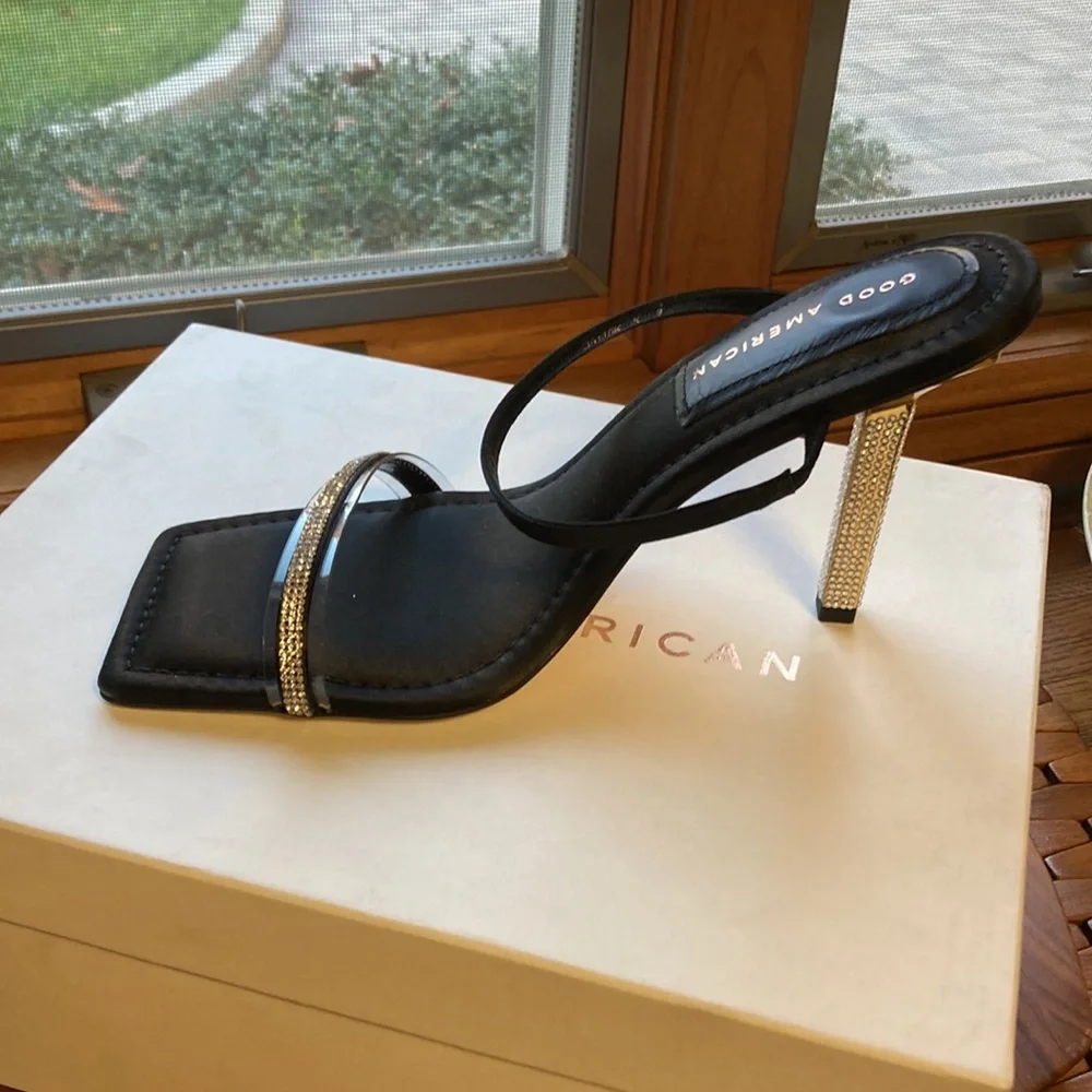 ⭐️⭐️ GOOD AMERICAN STRAPPY BLACK SATIN & Rhinestone Heels NIB 9.5 - Picture 4 of 7